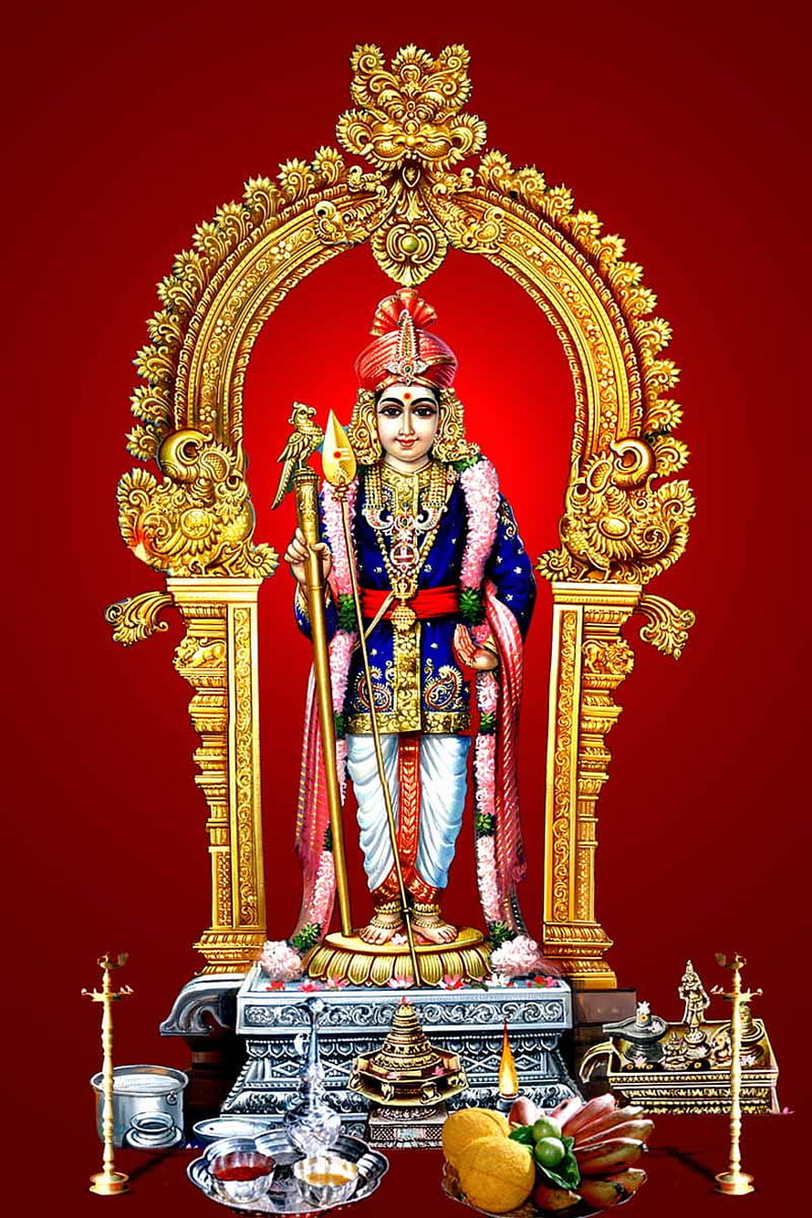 Lord Hanuman Standing with Mace and Dhwaja in Golden Archway Hindu Deity Wallpaper, Palani Murugan Raja Alankaram, pazhani murugan android HD phone wallpaper