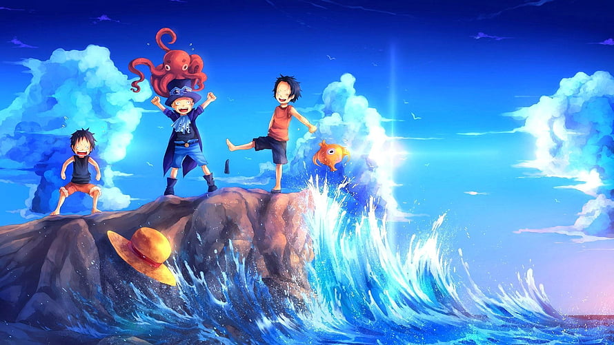 One Piece Luffy and Sabo Childhood Friends Adventure on Rocky Cliff HD wallpaper