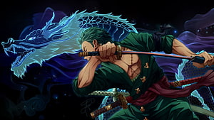 Roronoa Zoro wielding swords with a blue dragon spirit in a dynamic anime action scene HD wallpaper