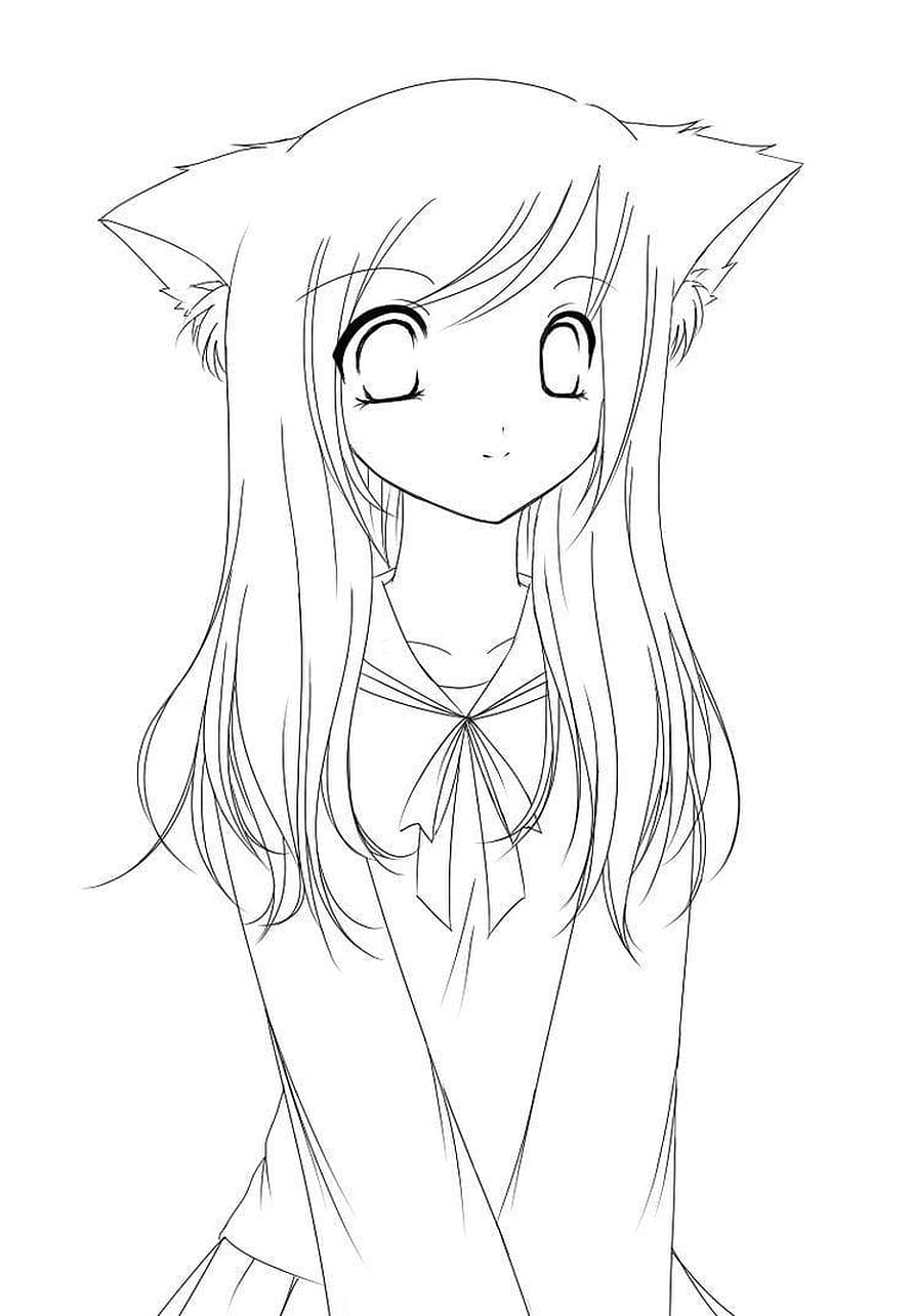 Anime Girl with Cat Ears Line Art Sketch for Coloring HD phone wallpaper
