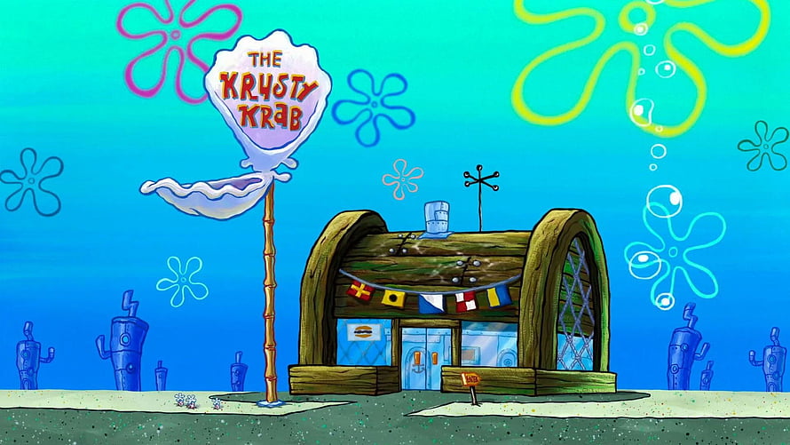 The Krusty Krab Restaurant Exterior in Bikini Bottom Underwater Scene HD wallpaper