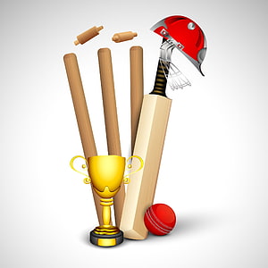 Cricket Equipment Set with Bat, Stumps, Helmet, and Trophy HD phone wallpaper