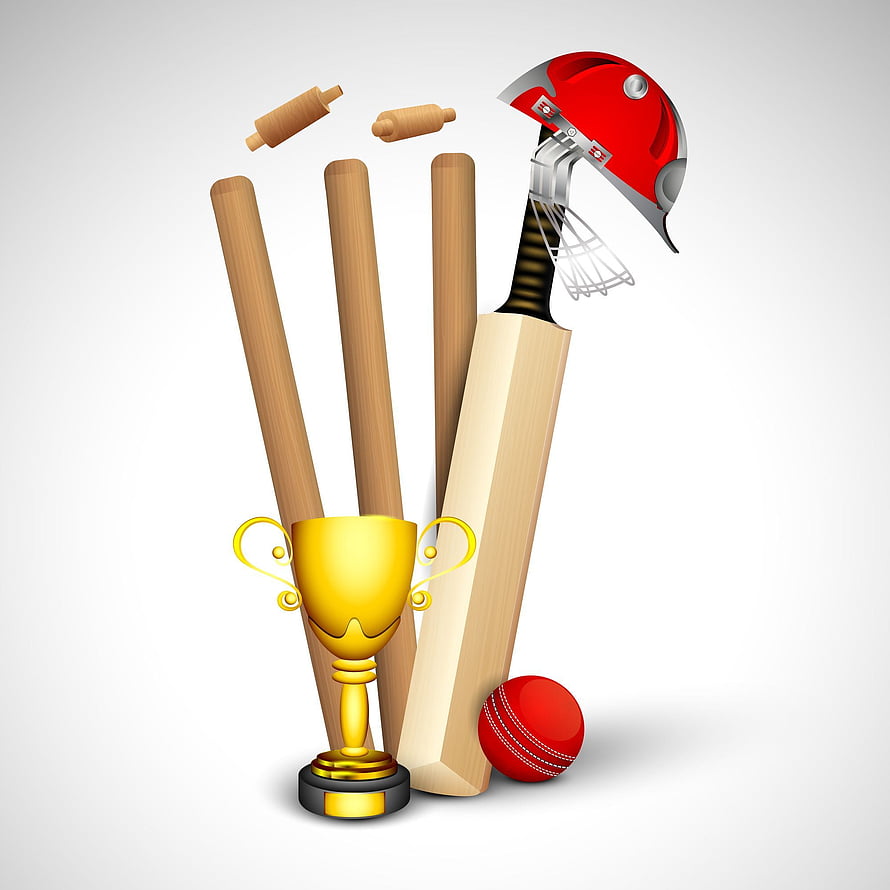 Cricket Equipment Set with Bat, Stumps, Helmet, and Trophy HD phone wallpaper