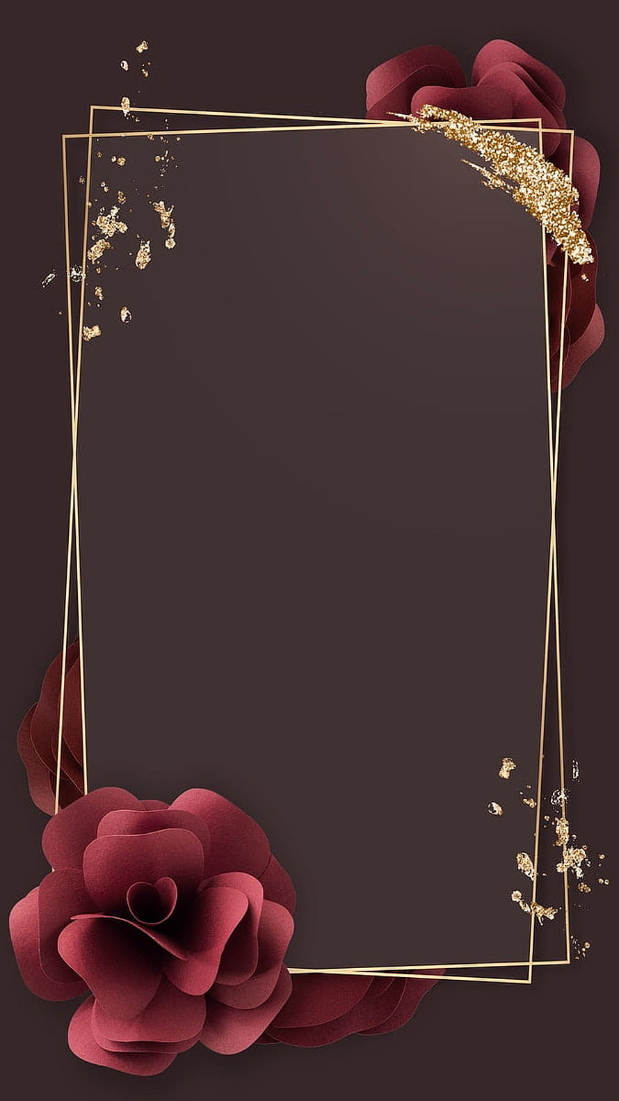 Elegant burgundy paper flowers with gold geometric frame and glitter accents on dark background HD phone wallpaper