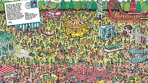 Where's Wally Amusement Park Crowd Illustration with Carousel and Roller Coaster HD wallpaper