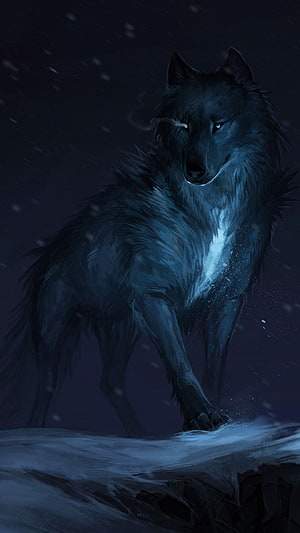 Majestic Blue Wolf Standing in Snowy Night Landscape Digital Art HD phone wallpaper