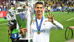 Cristiano Ronaldo Celebrating With The Champions League Trophy In Real Madrid Kit HD wallpaper