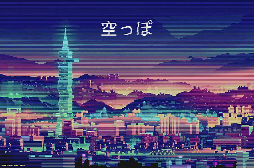 Retro 90s Anime Style Taipei 101 Cityscape at Dusk with Japanese Text HD wallpaper