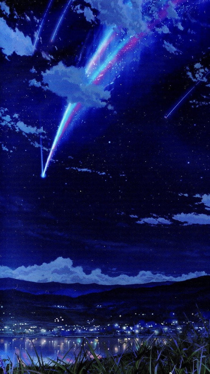 Anime Style Night Sky With Colorful Shooting Stars Over A Glowing City And Lake HD phone wallpaper