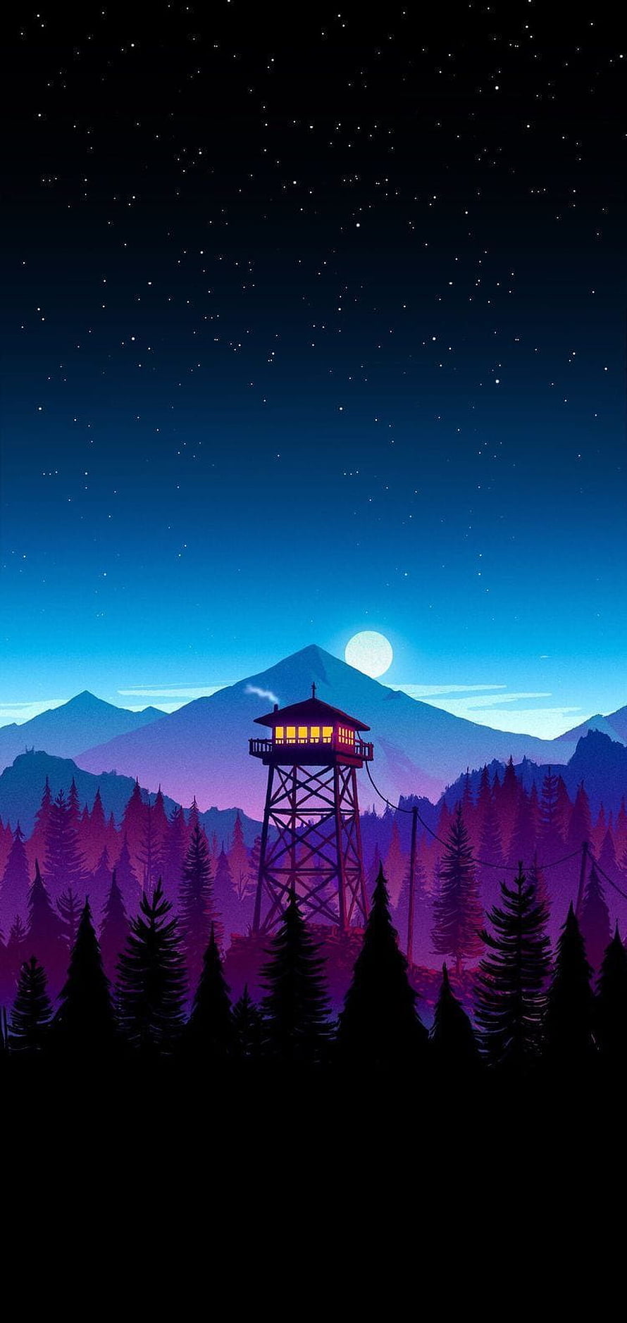 Illuminated Fire Watchtower in a Starlit Pine Forest with Moonlit Mountains HD phone wallpaper