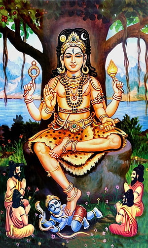 Lord Shiva Sitting Under Tree With Blue Attendant And Devotees HD phone wallpaper