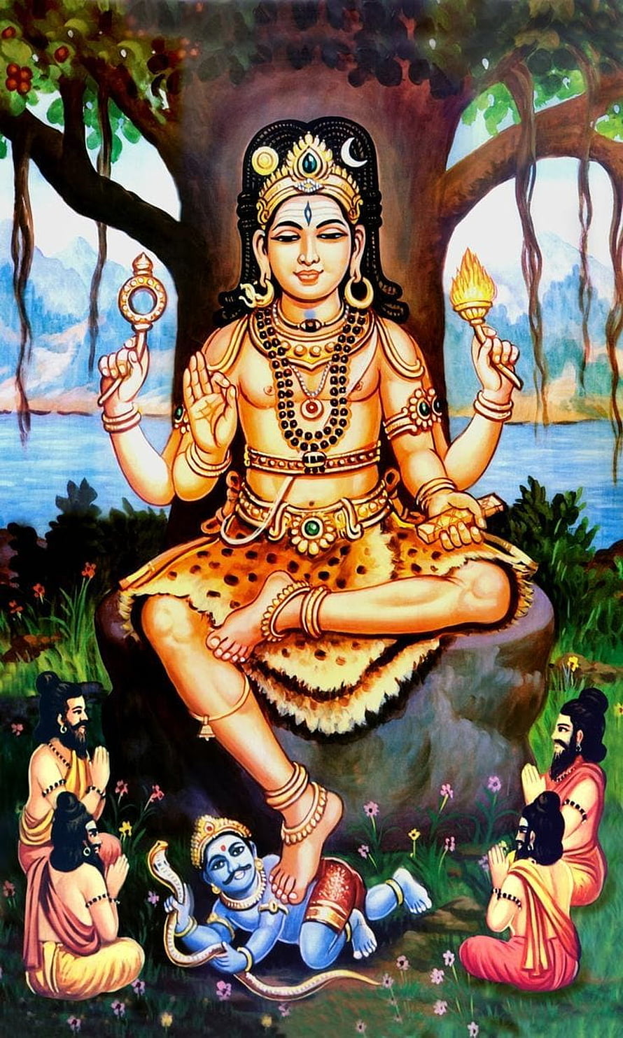 Lord Shiva Sitting Under Tree With Blue Attendant And Devotees HD phone wallpaper