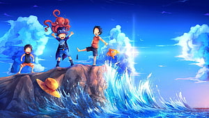 One Piece Anime Characters Celebrating on Rocky Outcrop Amidst Ocean Waves HD wallpaper