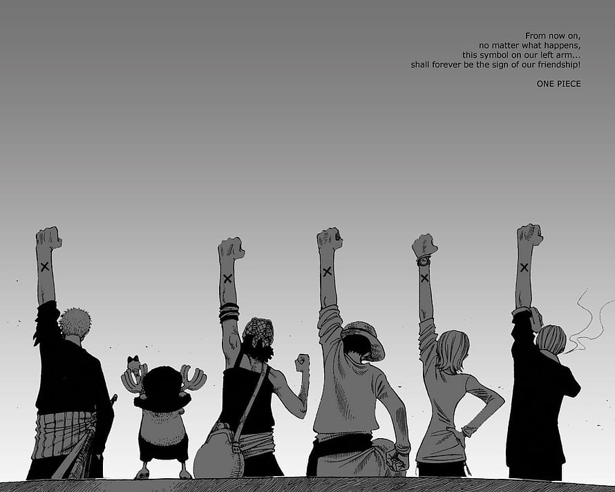 One Piece Straw Hat Crew Raising Fists in Unity and Friendship HD wallpaper