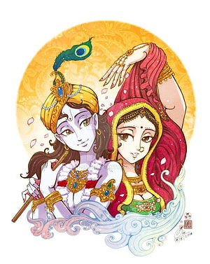 Krishna and Radha in ornate traditional attire with peacock feather and floral garlands HD phone wallpaper