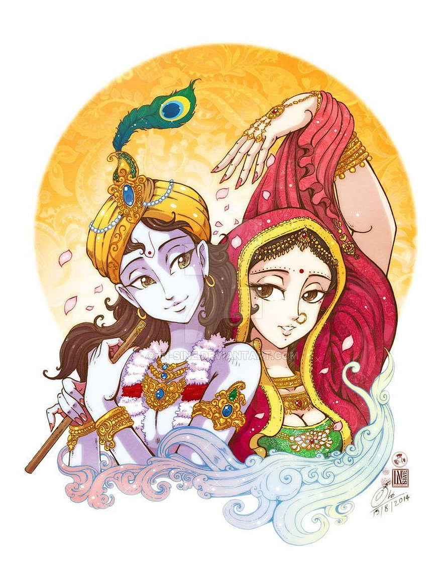 Krishna and Radha in ornate traditional attire with peacock feather and floral garlands HD phone wallpaper