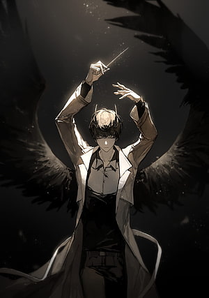 Dark anime character with black wings holding a dagger in a dramatic pose HD phone wallpaper
