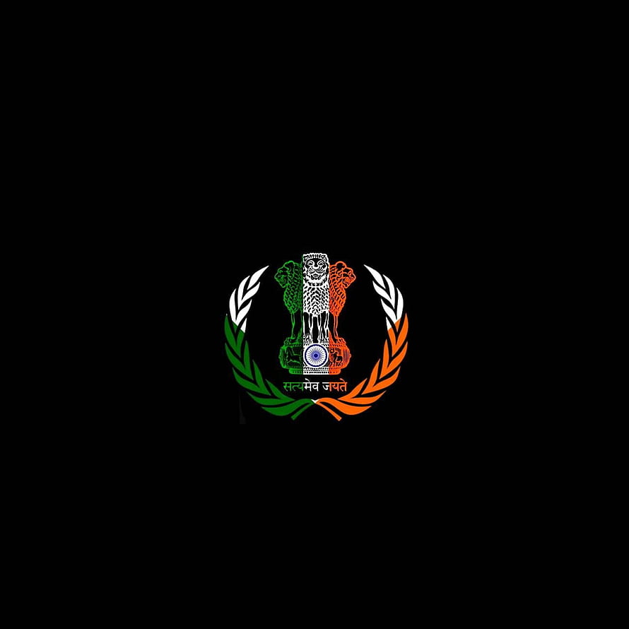 National Emblem of India with Ashoka Chakra and Tricolor Wreath on Black Background HD phone wallpaper