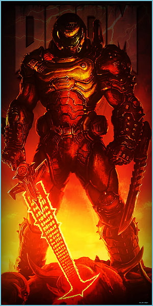 Doom Slayer in Heavy Armor Wielding Glowing Rune Sword in Fiery Inferno HD phone wallpaper