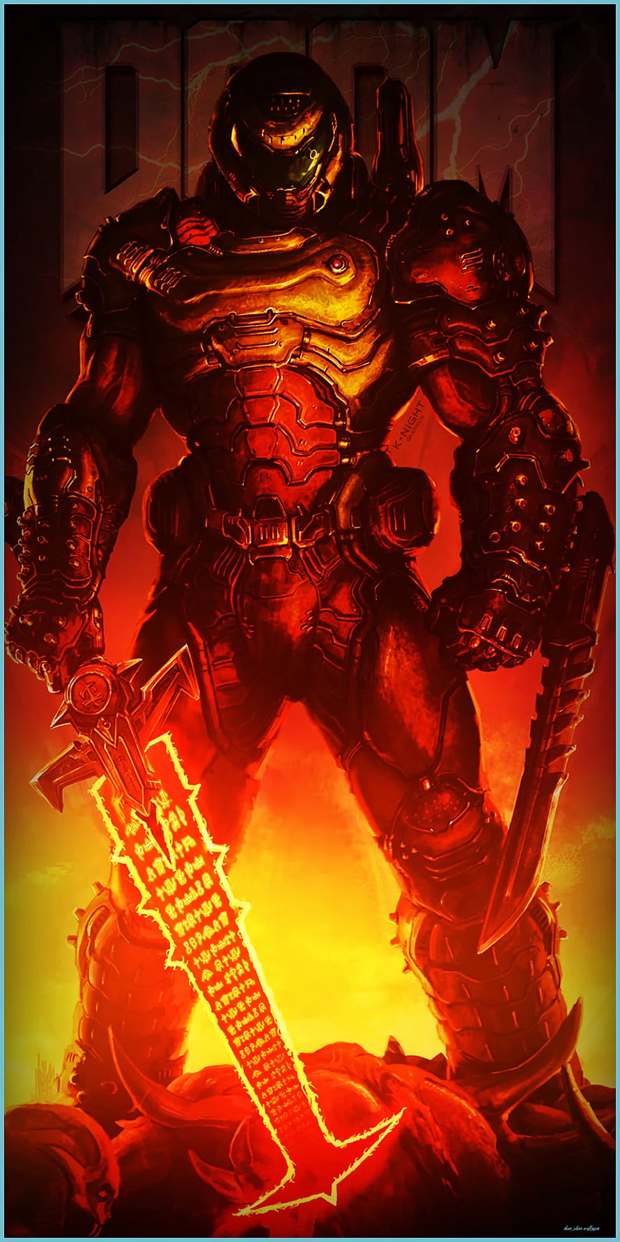 Doom Slayer in Heavy Armor Wielding Glowing Rune Sword in Fiery Inferno HD phone wallpaper