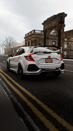 White Honda Civic Type R Rear View on Wet City Street with Historic Archway HD phone wallpaper