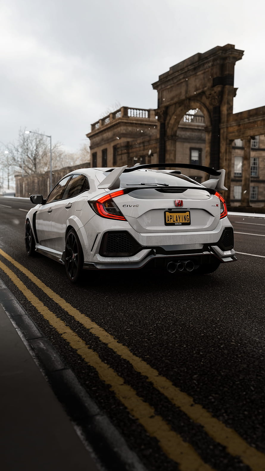White Honda Civic Type R Rear View on Wet City Street with Historic Archway HD phone wallpaper