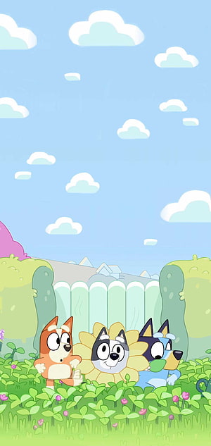 Bluey, Bingo, and Mackenzie Playing Hide and Seek in the Garden HD phone wallpaper
