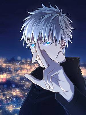 Satoru Gojo from Jujutsu Kaisen Making a Hand Gesture Against a Night City Skyline HD phone wallpaper