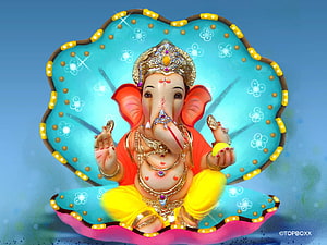 Lord Ganesha Digital Art with Ornate Jewelry and Turquoise Mandala Background HD wallpaper