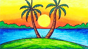 Colorful Hand-Drawn Tropical Sunset With Palm Trees And Ocean HD wallpaper