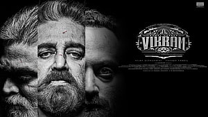 Vikram movie poster featuring Kamal Haasan, Vijay Sethupathi, and Fahadh Faasil in a gritty black and white design HD wallpaper