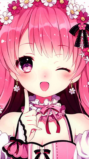 Pink-Haired Anime Girl Winking with Flower Crown and Frilly Dress HD phone wallpaper