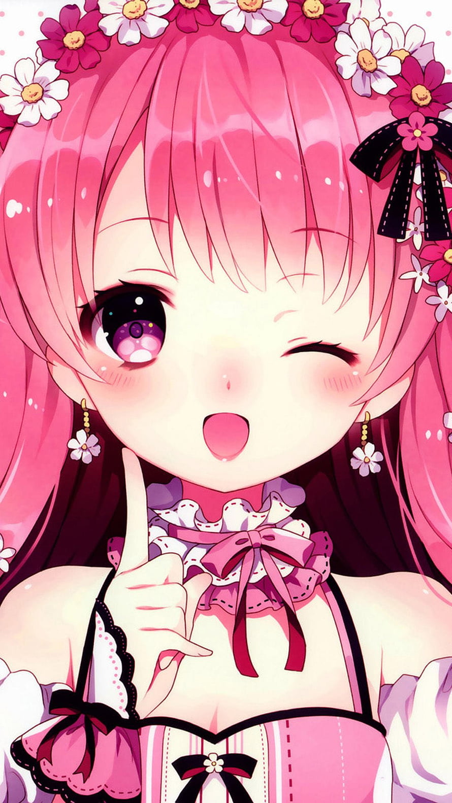 Pink-Haired Anime Girl Winking with Flower Crown and Frilly Dress HD phone wallpaper