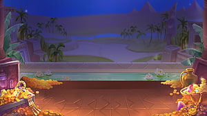 Ancient Egyptian Treasure Slot Game Background with Gold Coins and Nighttime Oasis HD wallpaper