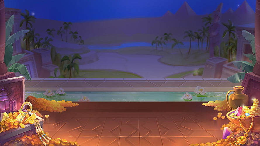 Ancient Egyptian Treasure Slot Game Background with Gold Coins and Nighttime Oasis HD wallpaper