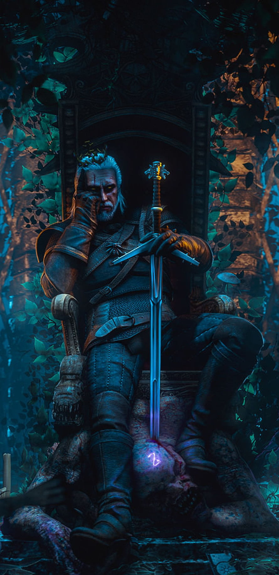 Geralt of Rivia Seated on Throne Holding Sword in Dark Fantasy Setting HD phone wallpaper