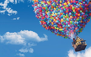 Pixar Up Movie Scene With Flying House Lifted By Colorful Balloons Against Blue Sky HD wallpaper