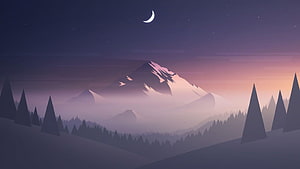 Minimalist Vector Illustration of Snowy Mountain Peak at Twilight with Pine Forest and Crescent Moon HD wallpaper