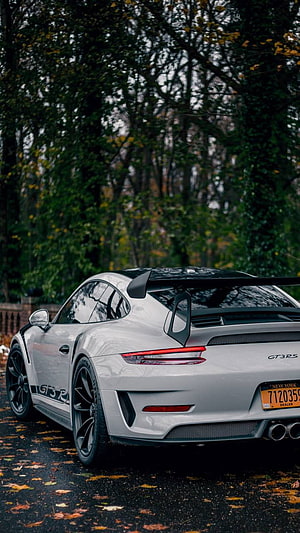 White Porsche 911 GT3 RS parked on a wet road surrounded by autumn trees HD phone wallpaper