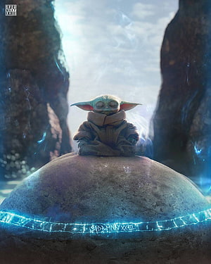 Grogu Meditating on a Glowing Orb in a Rocky Canyon HD phone wallpaper