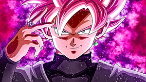 Goku Black Super Saiyan Rosé Anime Character Portrait with Pink Hair and Purple Nebula Background HD wallpaper