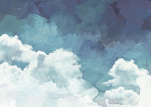Dreamy Watercolor Night Sky With Fluffy White Clouds And Twinkling Stars HD wallpaper
