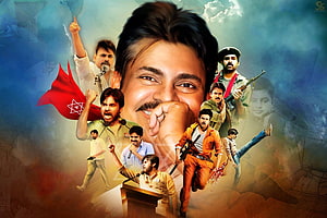 Pawan Kalyan Action Hero Collage with Red Flag and Multiple Character Poses HD wallpaper