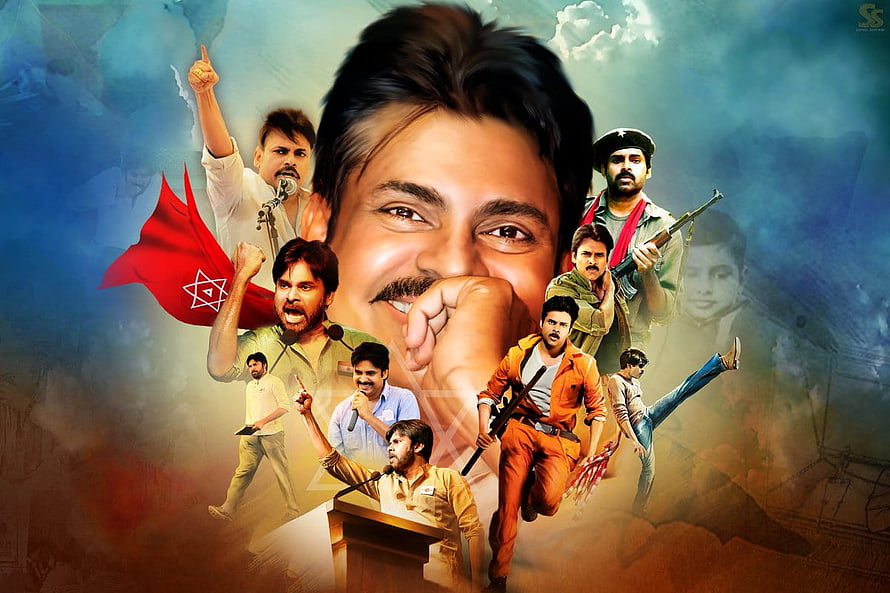 Pawan Kalyan Action Hero Collage with Red Flag and Multiple Character Poses HD wallpaper