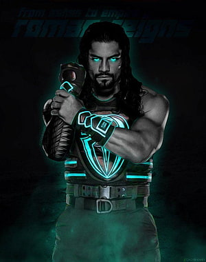 Roman Reigns Digital Artwork with Glowing Cyan Armor and Intense Expression, Roman Reigns Poster/ . by CaqybKhan1334, roman reigns 2017 HD phone wallpaper