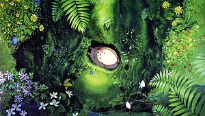 Totoro Sleeping in Mossy Tree Hollow Surrounded by Lush Green Forest and Wildflowers HD wallpaper