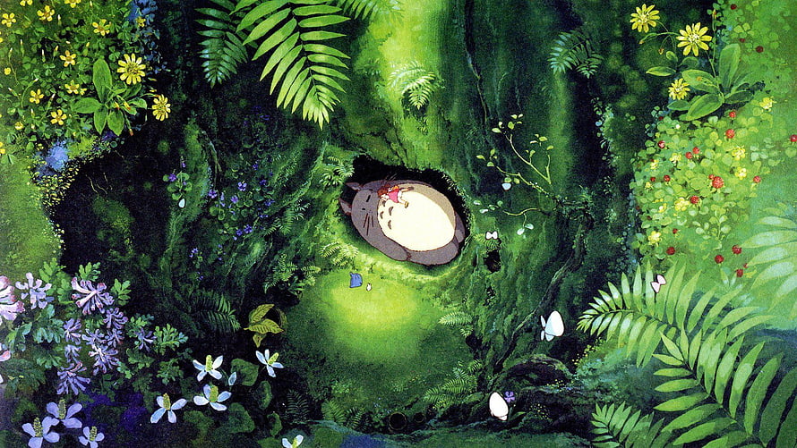 Totoro Sleeping in Mossy Tree Hollow Surrounded by Lush Green Forest and Wildflowers HD wallpaper