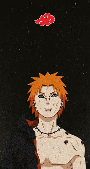 Pain from Naruto Shippuden in Akatsuki cloak with red cloud symbol on dark background HD phone wallpaper