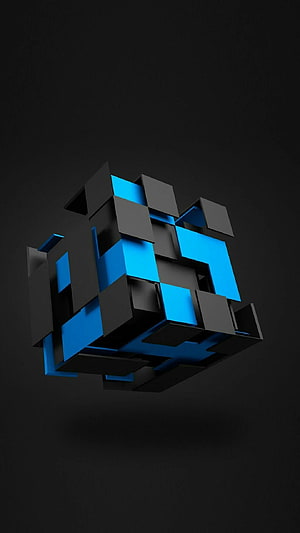 Abstract 3D Geometric Cube with Blue and Black Blocks HD phone wallpaper