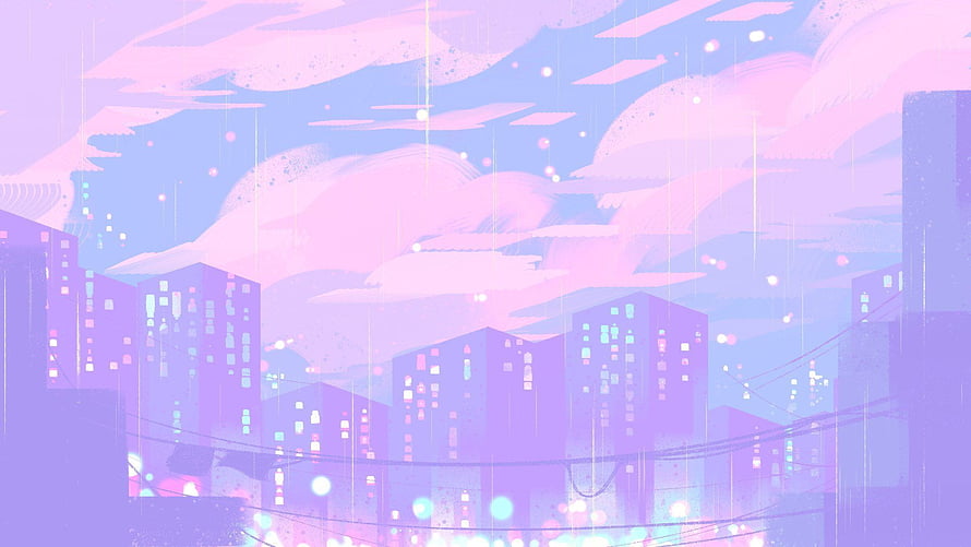 Dreamy Pastel Cityscape with Purple Skyscrapers and Pink Clouds HD wallpaper